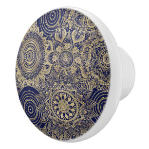 Bouton De Porte En Céramique Gold Mandala Collection Design bleu