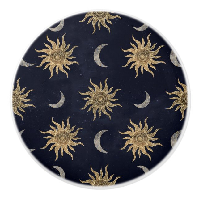 Bouton De Porte En Céramique Gold Moon Sun Mandala Blue Night Sky Motif (Devant)