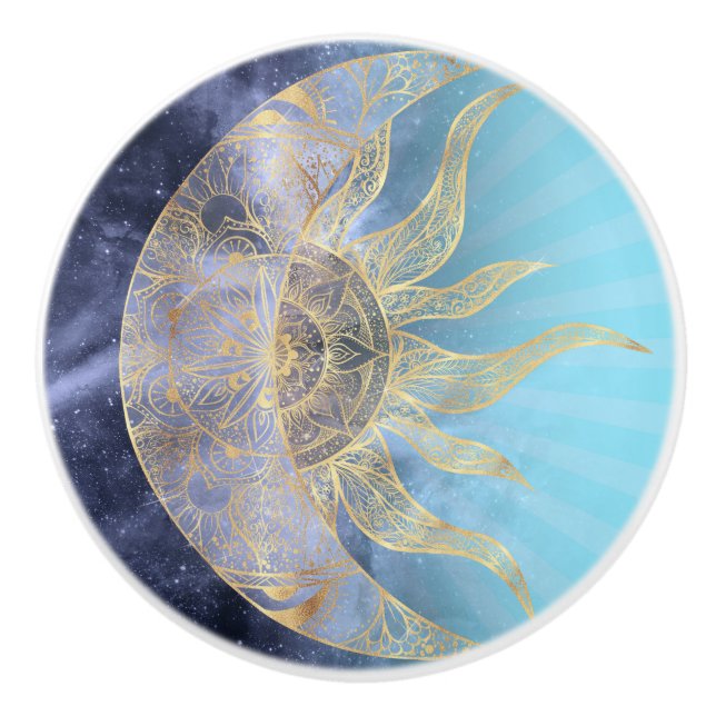 Bouton De Porte En Céramique Gold Moon Sun Mandala Celestial Design (Devant)