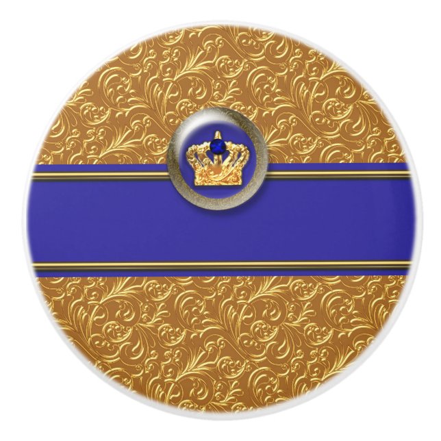 Bouton De Porte En Céramique Gold & Royal Blue Crown Personnalisé (Devant)