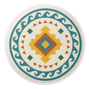 Bouton De Porte En Céramique Gold Turquoise Terracotta Wave Diamond Zapotec Kno
