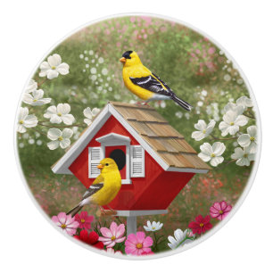 Bouton De Porte En Céramique Goldfinches et jolie maison d'oiseaux Cottage