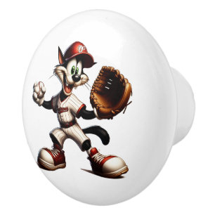 Bouton De Porte En Céramique Goofy Cat Baseball Pitcher Monte