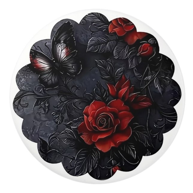 Bouton De Porte En Céramique Gothic Rose and Butterfly Design (Devant)
