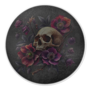 Bouton De Porte En Céramique Gothique Moody Crâne avec fleurs