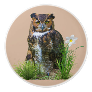 Bouton De Porte En Céramique Grand hibou à cornes et fleur