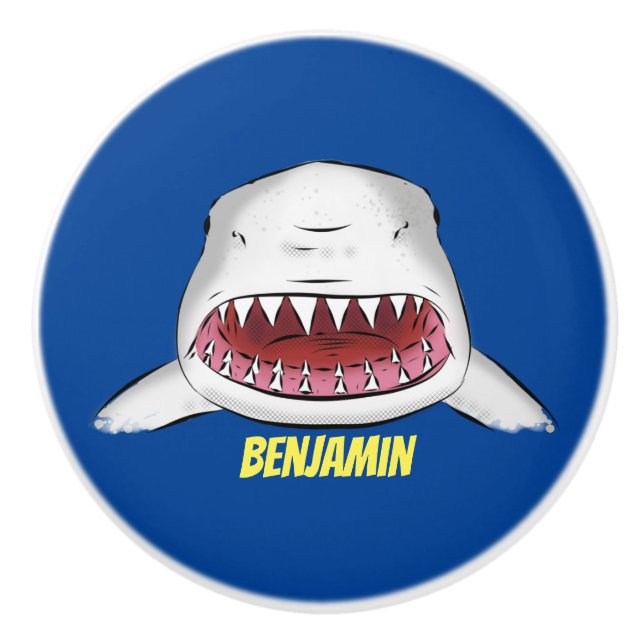 Bouton De Porte En Céramique Grand requin blanc moyen dessin animé (Devant)