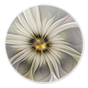 Bouton De Porte En Céramique Grande Fleur d'ivoire, Abstrait Art Fractal Modern