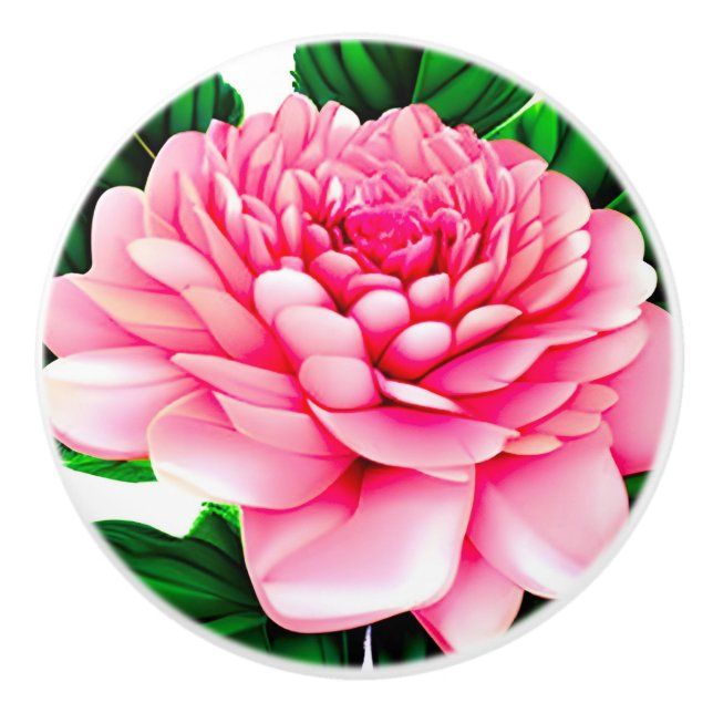 Bouton De Porte En Céramique Grande pivoine rose avec Feuilles vert émeraude (Devant)