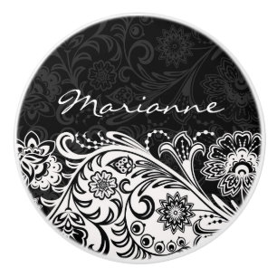 Bouton De Porte En Céramique Gras noir et blanc en céramique florale Tige ou bo