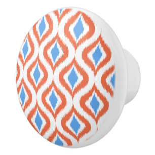 Bouton De Porte En Céramique Gras Orange bleu azur blanc Ikat Ogee Art Motif