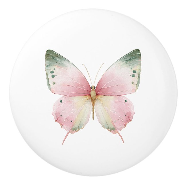 Bouton De Porte En Céramique Green Pink Mint Butterfly (Devant)