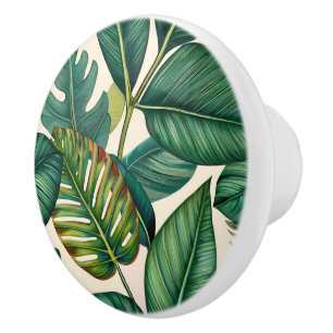 Bouton De Porte En Céramique Green & Turquoise Palm Monstera Tropical Feuille M