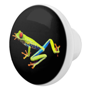 Bouton De Porte En Céramique Grenouille à feuilles rouges