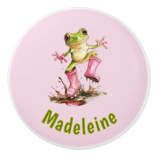 Bouton De Porte En Céramique Grenouille en bottes de pluie roses monogramme pas