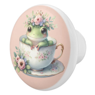 Bouton De Porte En Céramique Grenouille lunaire en Teacup Floral