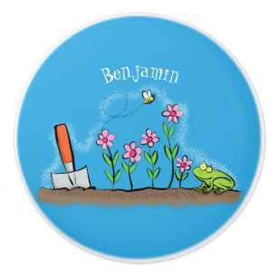 Bouton De Porte En Céramique Grenouille mignonne et abeille dans le jardin dess