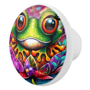 Bouton De Porte En Céramique Grenouille Whimsical Peinture Abstraite Art Floral