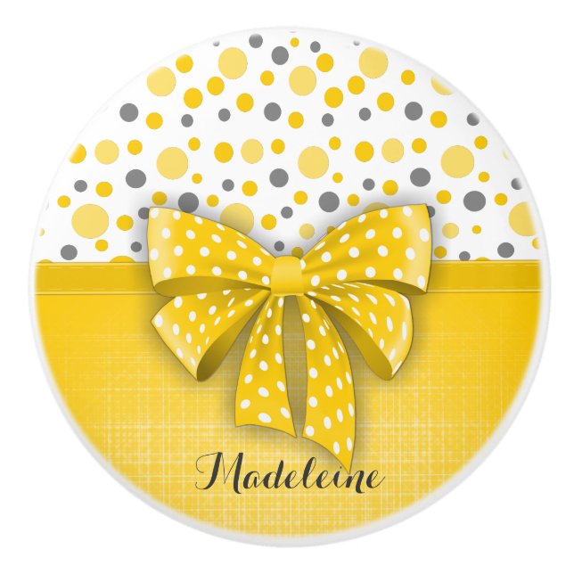 Bouton De Porte En Céramique Grey and Yellow Polka Dots, Sunny Yellow Ribbon (Devant)