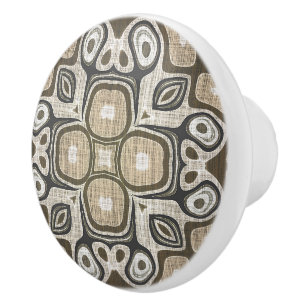 Bouton De Porte En Céramique Grey Taupe Ochre Brown Beige Ethnic Tribu Art