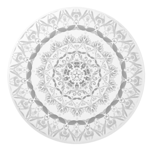 Bouton De Porte En Céramique Gris Blanc Floral Damask Mandala (Devant)