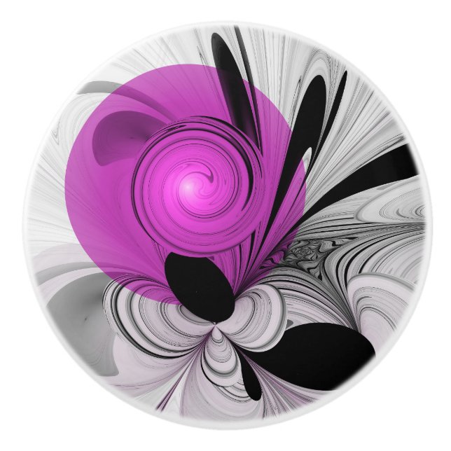 Bouton De Porte En Céramique Gris Noir Abstrait Avec Art Fractal Magenta (Devant)