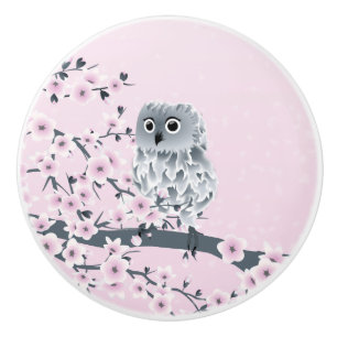 Bouton De Porte En Céramique Gris rose de hibou et de fleurs de cerisier