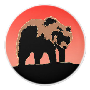 Bouton De Porte En Céramique Grizzly Bear au coucher du soleil - Art original d