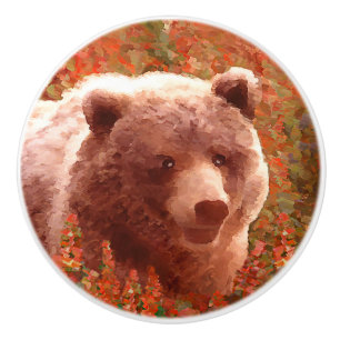 Bouton De Porte En Céramique Grizzly Bear Cub dans Fireweed Peinture Art de la