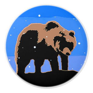 Bouton De Porte En Céramique Grizzly Bear en hiver - Art original de la faune