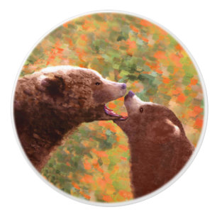 Bouton De Porte En Céramique Grizzly Bear Mom and Cub Painting - Wildlife Art