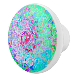 Bouton De Porte En Céramique Groovy Abstrait Rétro Tourbillon Rose et Vert