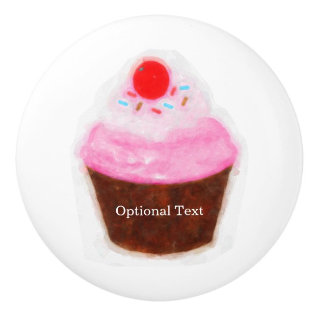 Bouton De Porte En Céramique Gros Cupcake & Cherry Cute Aquarelle Personnalisée (Devant)