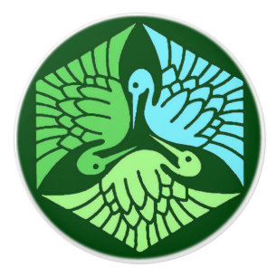 Bouton De Porte En Céramique Grues japonaises, Jade Green et Bleu clair