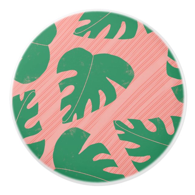 Bouton De Porte En Céramique Grunge Tropical Green Monstera Feuilles (Devant)