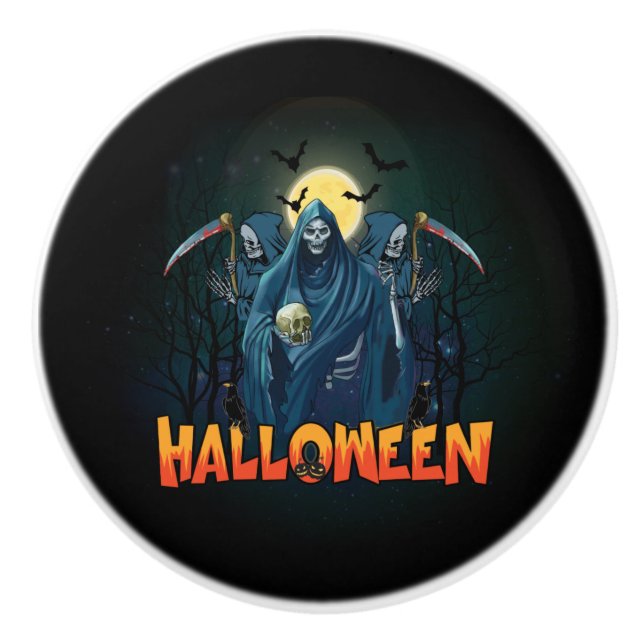 Bouton De Porte En Céramique Halloween de nuit squelette effrayant, Mon humeur  (Devant)