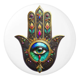 Bouton De Porte En Céramique Hamsa Brun Coloré Troisième Œil Arc-en-Ciel