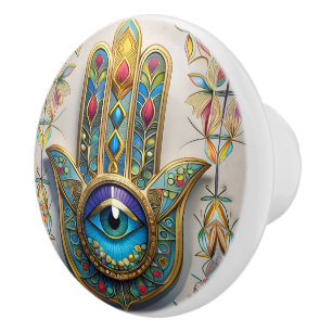 Bouton De Porte En Céramique Hamsa du Troisième Œil Bleu-Vert Filigrane Coloré