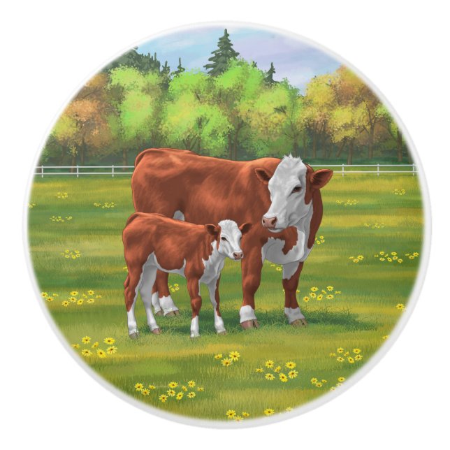 Bouton De Porte En Céramique Hereford Cow & Cute Calf dans les pâturages d'été (Devant)