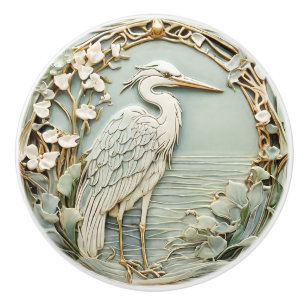Bouton De Porte En Céramique Heron Sea Bird Art Nouveau Faux Relief Right Mint