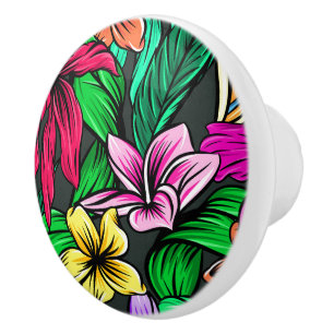 Bouton De Porte En Céramique Hibiscus Aquarelle Dresseur de fleurs tropicales