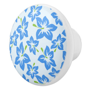 Bouton De Porte En Céramique Hibiscus Bleu, Fleurs Bleues, Motif De Fleurs