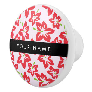 Bouton De Porte En Céramique Hibiscus Rouge, Fleurs Rouges, Votre Nom