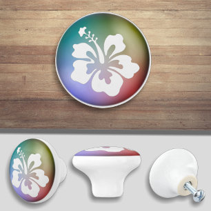 Bouton De Porte En Céramique Hibiscus Tropical Décor de plage Océan Arc-en-ciel