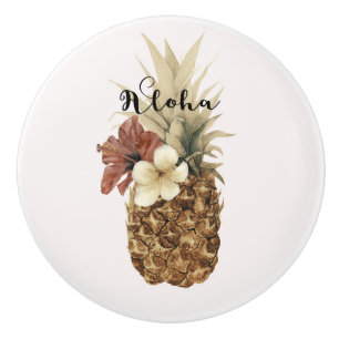 Bouton De Porte En Céramique Hibiscus vintage d'ananas tropicale Aloha floral