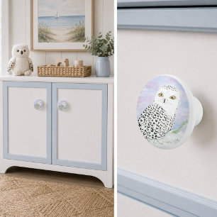 Bouton De Porte En Céramique Hibou Blanc au Coucher de Soleil d'Hiver au Crayon