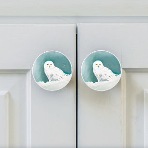 Bouton De Porte En Céramique Hibou blanc ciel arctique hiver neige sarcelle