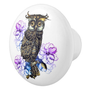 Bouton De Porte En Céramique Hibou Brun Fleurs Violettes 