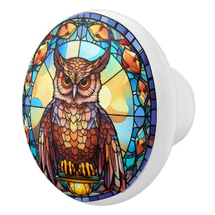 Bouton De Porte En Céramique hibou en faux vitrail