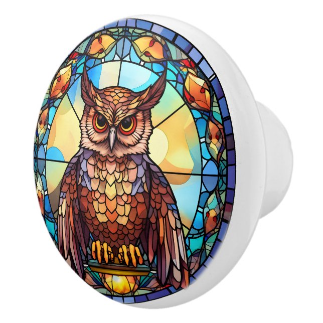 Bouton De Porte En Céramique hibou en faux vitrail (Droite)